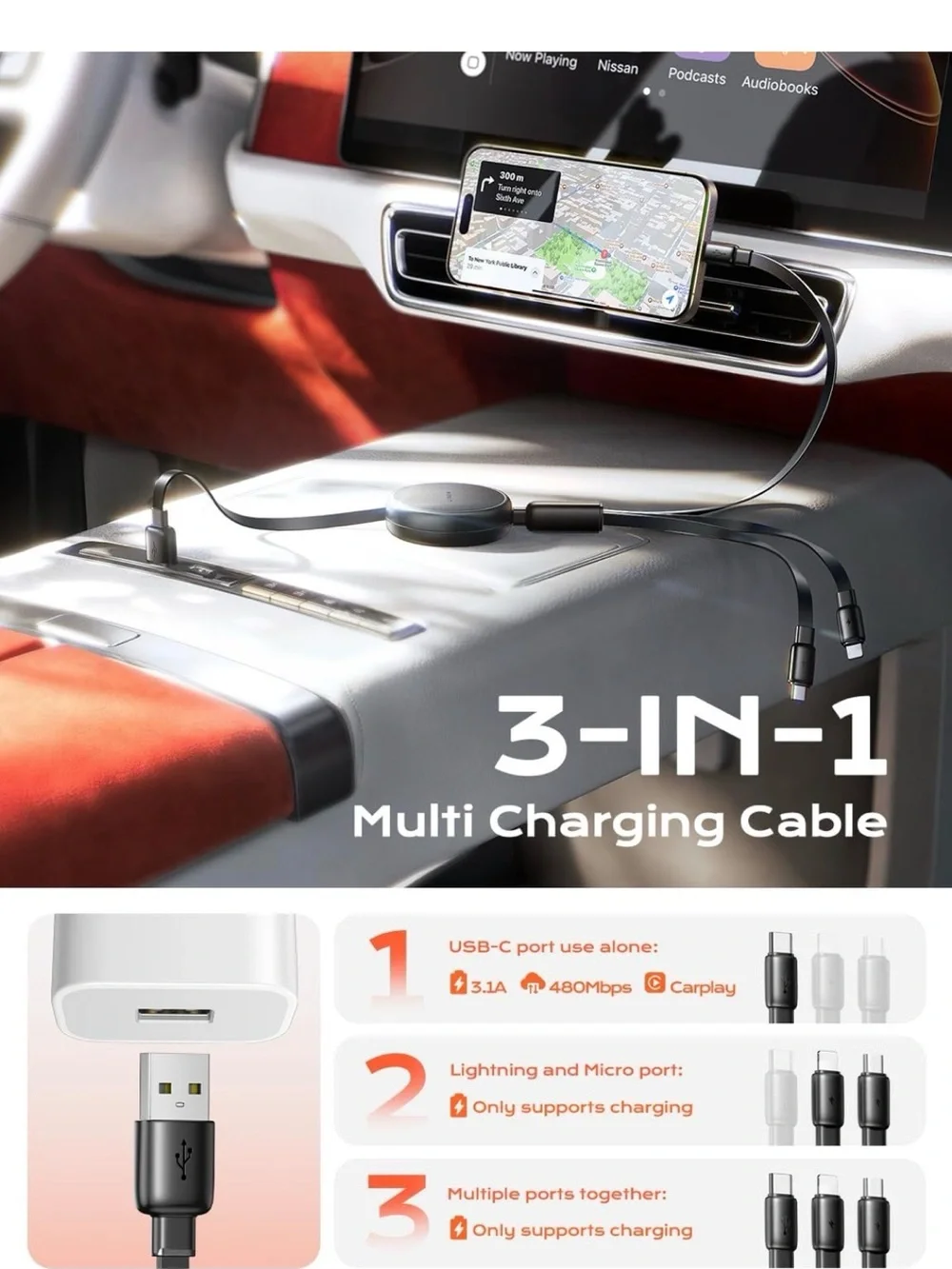 Lisen Retractable 3-in-1 Charging Cable - Black (2 pack) new